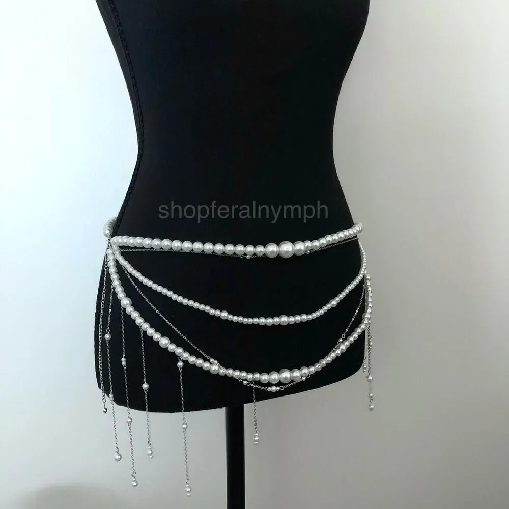 Y2K Coquette White Faux Pearl Layered Draped Chain Belt, 31.5 Inches, X7GA1139